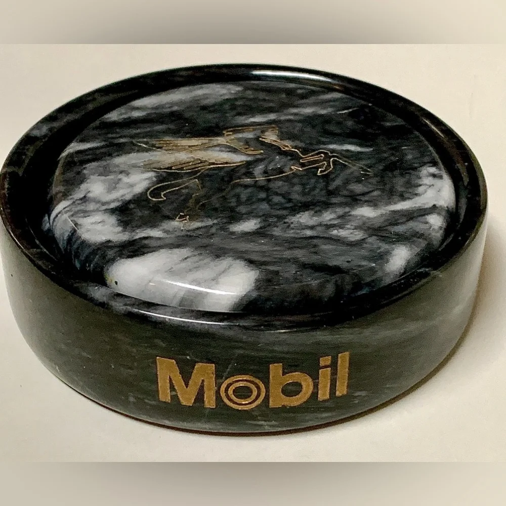Vintage Executive Set of 2 Black Marble MOBIL Pegasus Logo Drink Coasters